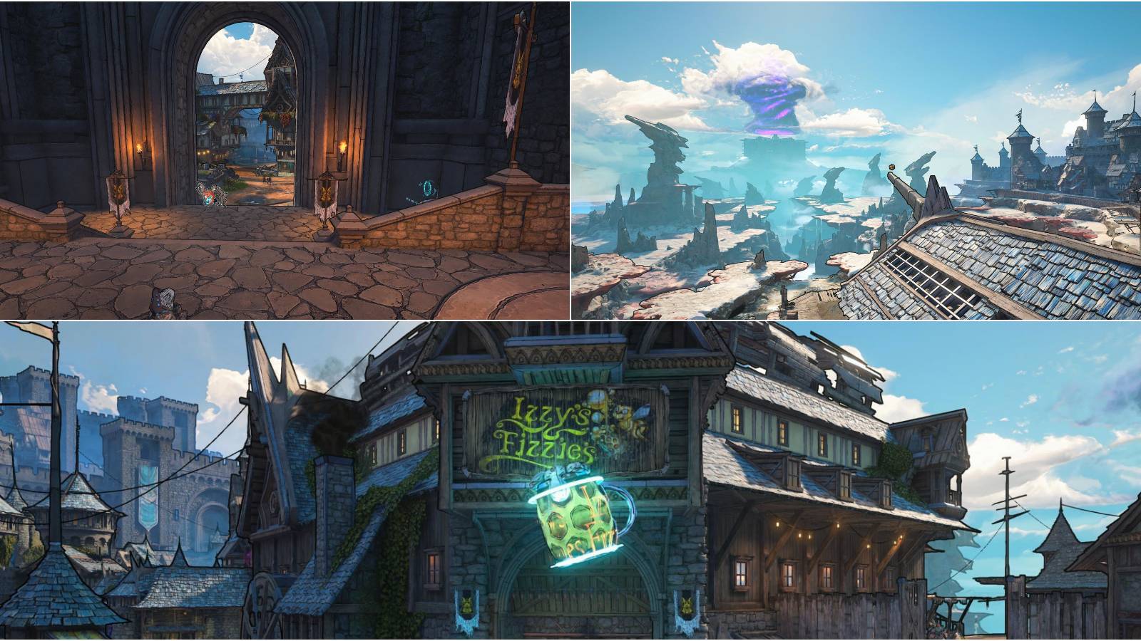 Showcase of the different areas where players can find Lucky Dices in Brightoof from Tiny Tina's Wonderlands.