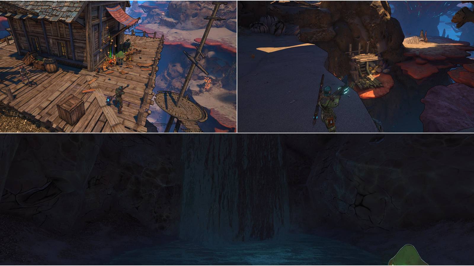 Showcase of various locations where players can find Lucky Dice in Wargtooth Shallows from Tiny Tina's Wonderlands.