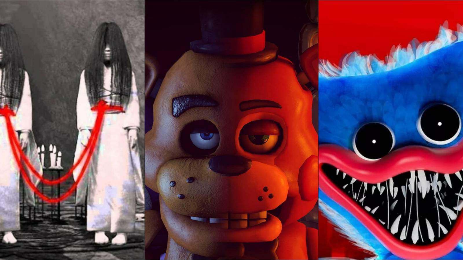 Scary dolls from Fatal Frame, Five Nights at Freddy's, and Poppy Playtime