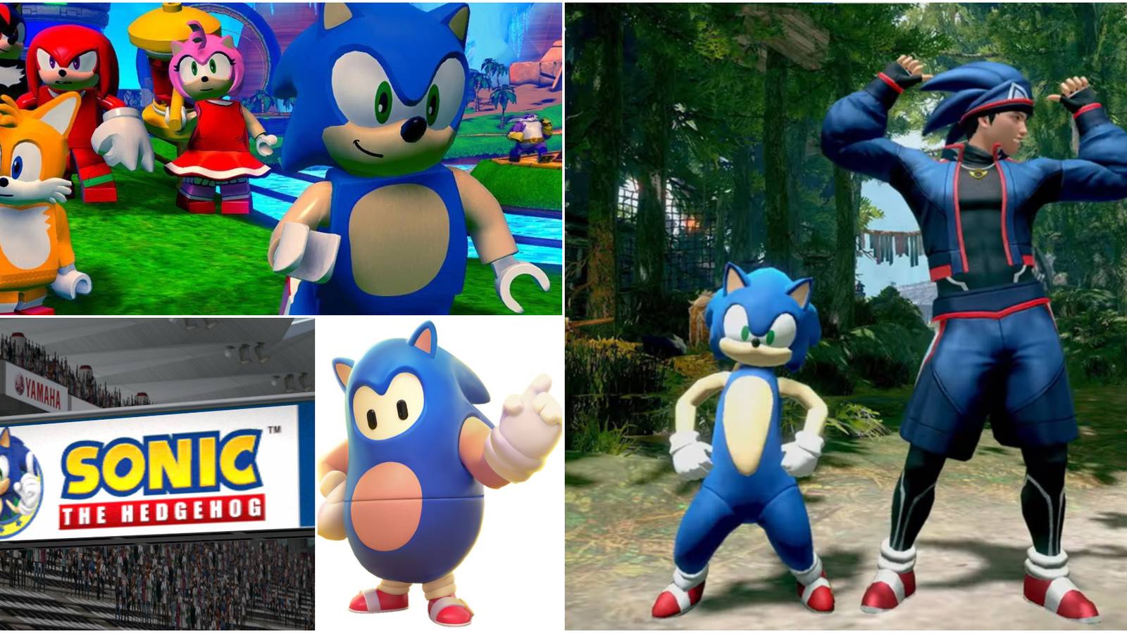 Sonic the Hedgehog cameos across various games: LEGO Dimensions, Gran Turismo 6, Fall Guys, and Monster Hunter Rise.