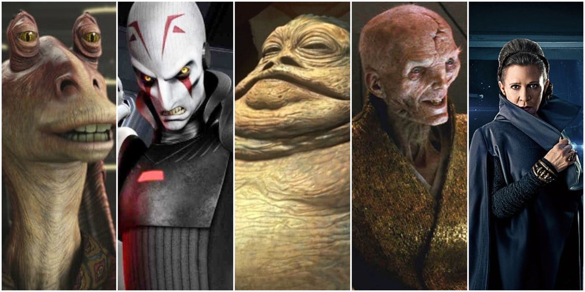 Split image Star Wars Characters Jar-Jar Binks, The Grand Inquisitor, Jabba the Hutt, Supreme Leader Snoke, and General Leia Organa Solo