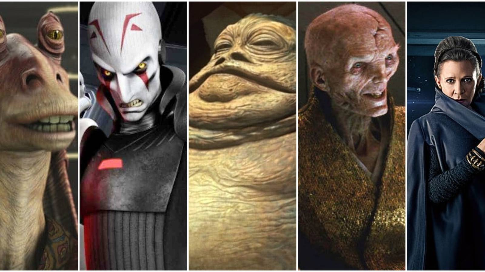 Split image Star Wars Characters Jar-Jar Binks, The Grand Inquisitor, Jabba the Hutt, Supreme Leader Snoke, and General Leia Organa Solo
