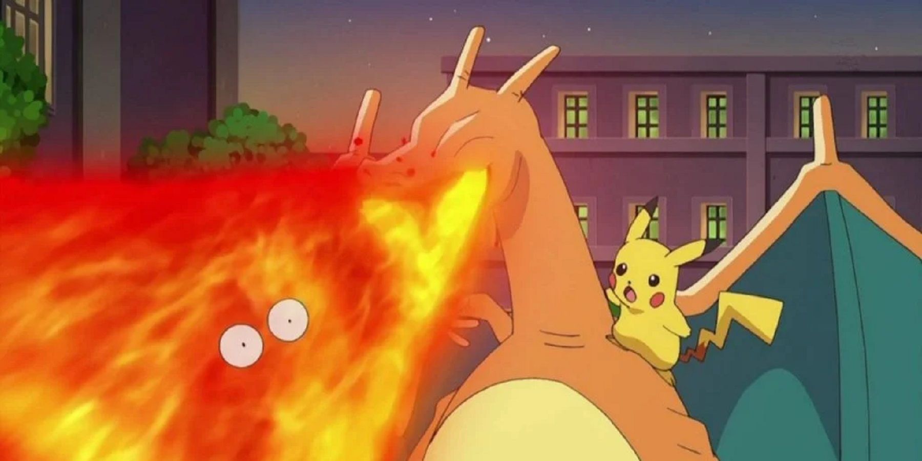 pokemon charizard menyemburkan api ke wajah abu