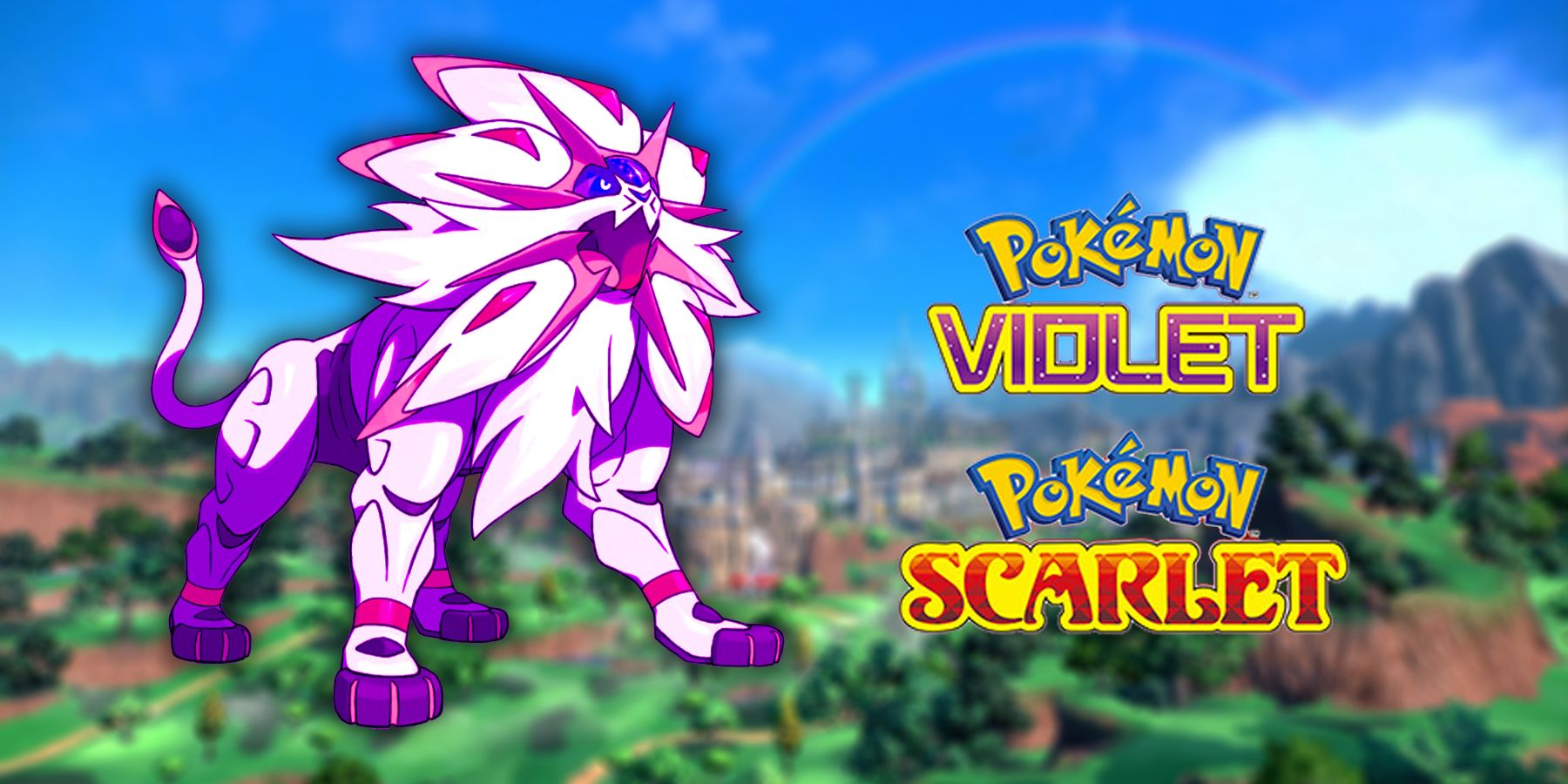 The Pokemon Scarlet and Violet text logos with a purple Solgaleo from Pokemon Sun and Moon.
