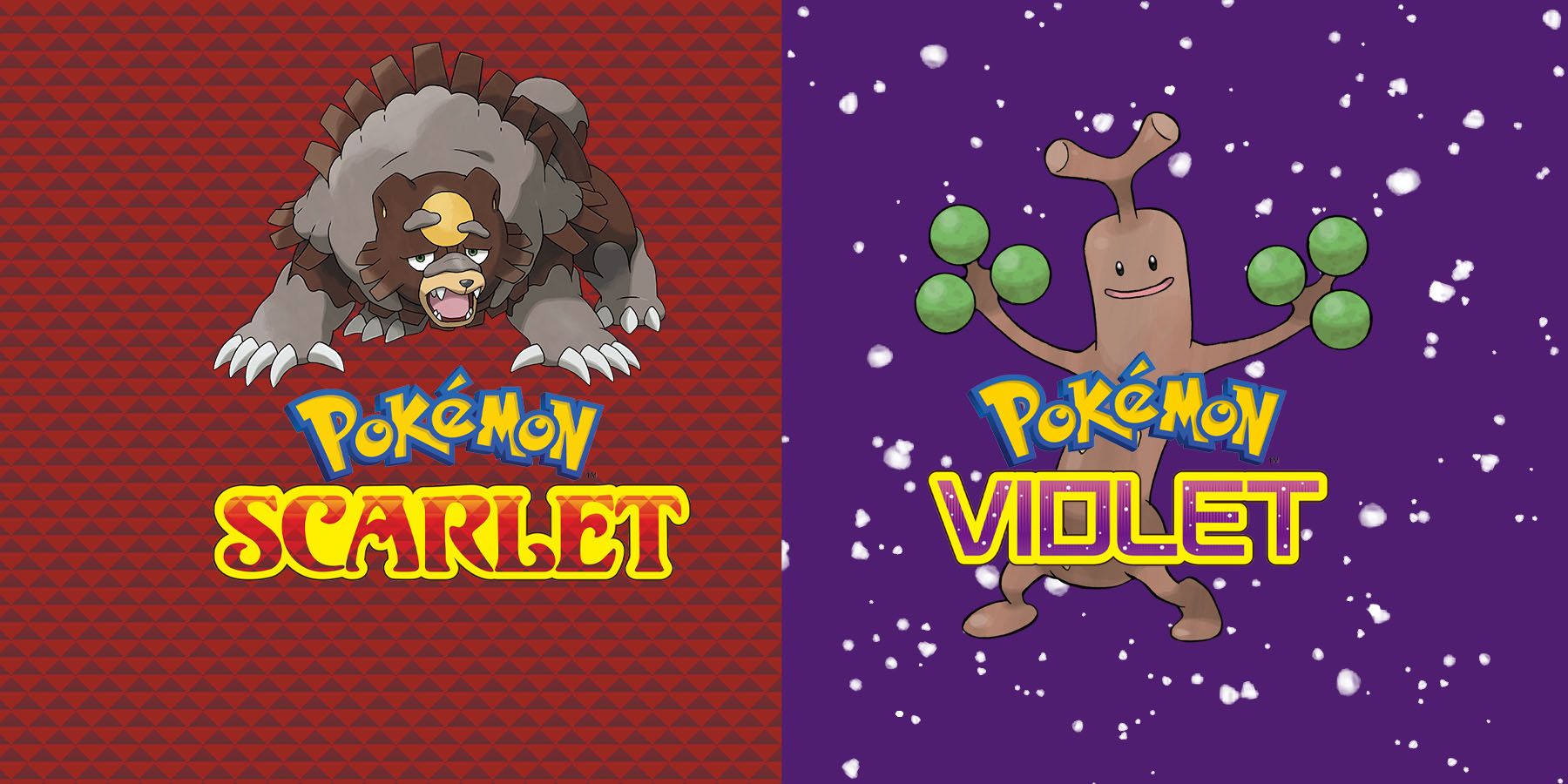The Pokemon Scarlet and Violet text logos with Ursaluna and Sudowoodo in the background.