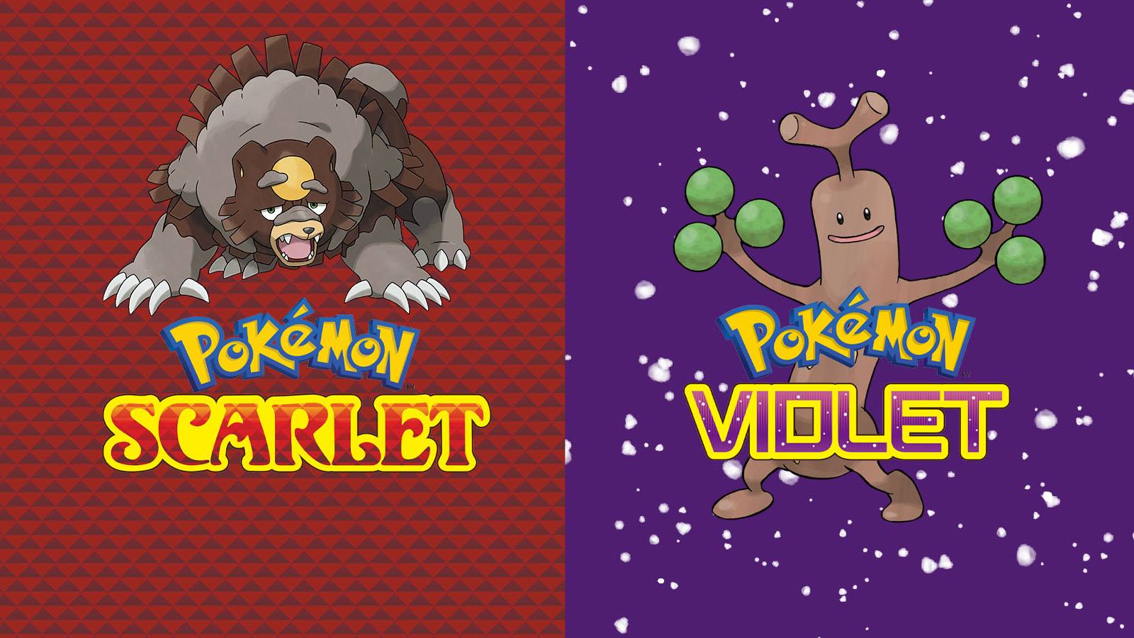 The Pokemon Scarlet and Violet text logos with Ursaluna and Sudowoodo in the background.