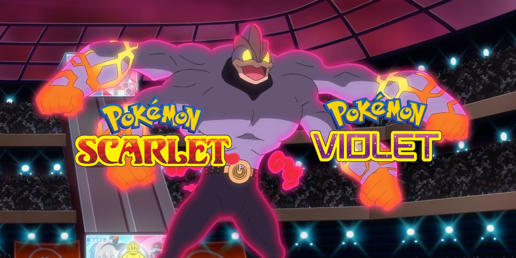 The text logos for Pokemon Scarlet and Violet with Gigantamax Machamp in the background.