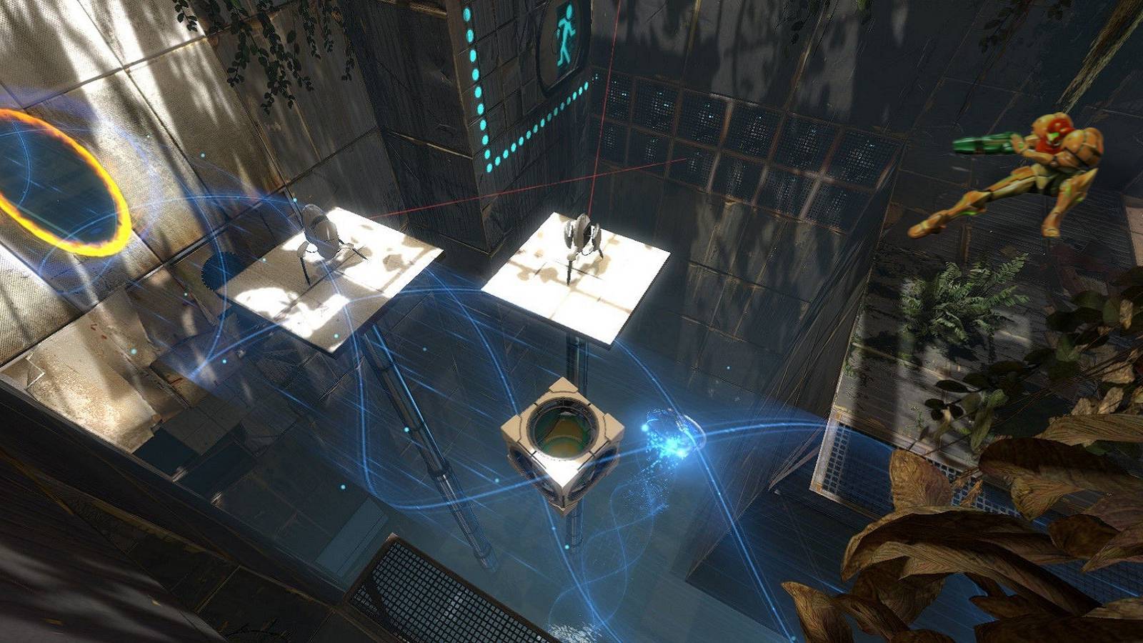 Image from Portal 2 showing Super Metroid's Samus to one side pointing her arm cannon.