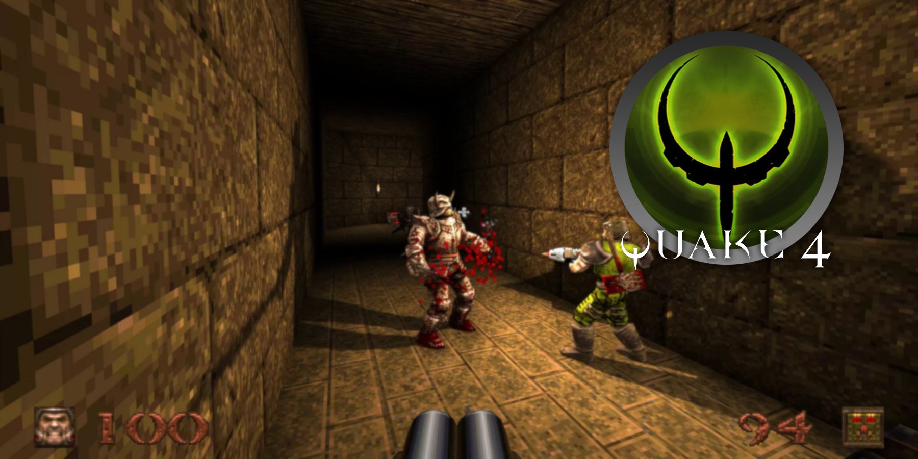 A screenshot from Quake 1 which shows the Quake 4 logo off to one side.