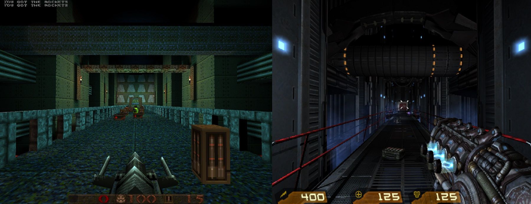 Screenshot comparing Quake 4 with the "Infernal Stroggos" Quake 1 mod on the left.