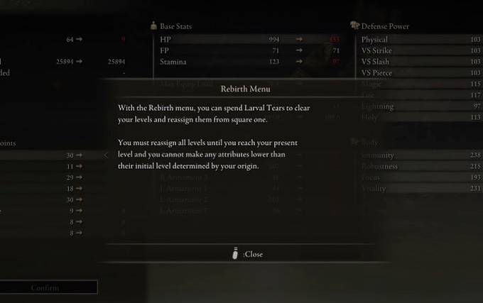 rebirth menu respec elden ring