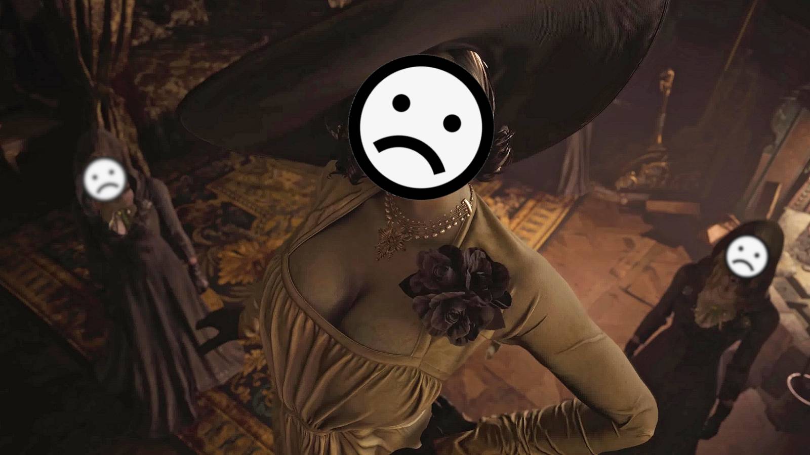 Image from Resident Evil Village showing Lady Dimitrescu and her sisters with sad cartoon-y faces.