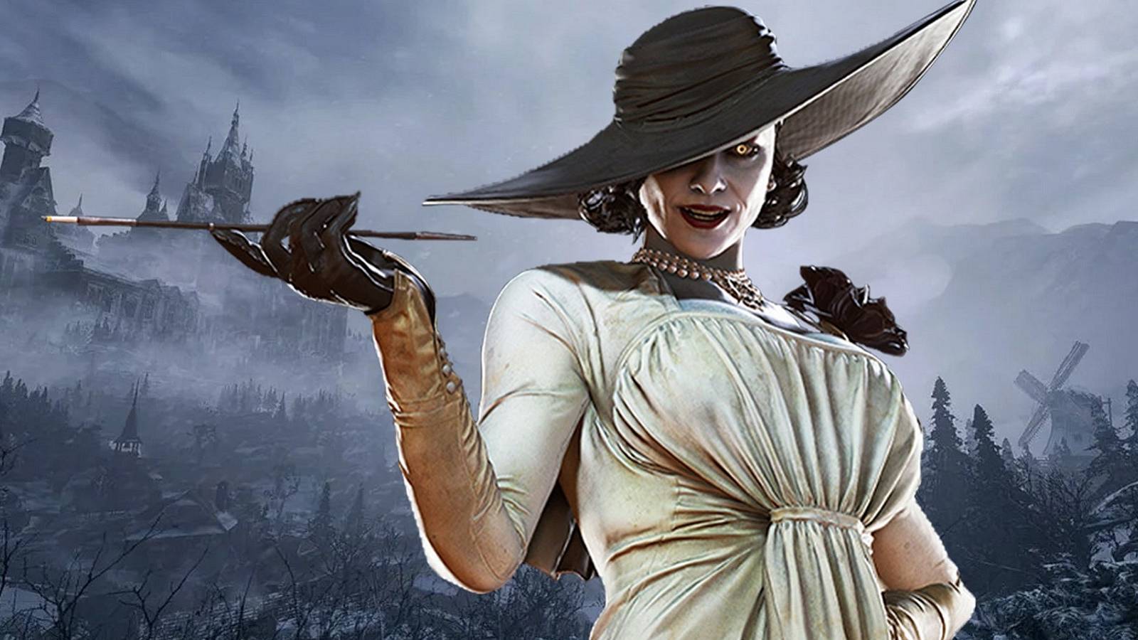 An image of Resident Evil 8's Lady Dimistrescu with the castle in the distance.