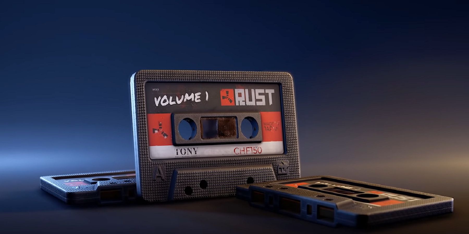 Image from Rust showing a series of cassette tapes that bear the game's logo.