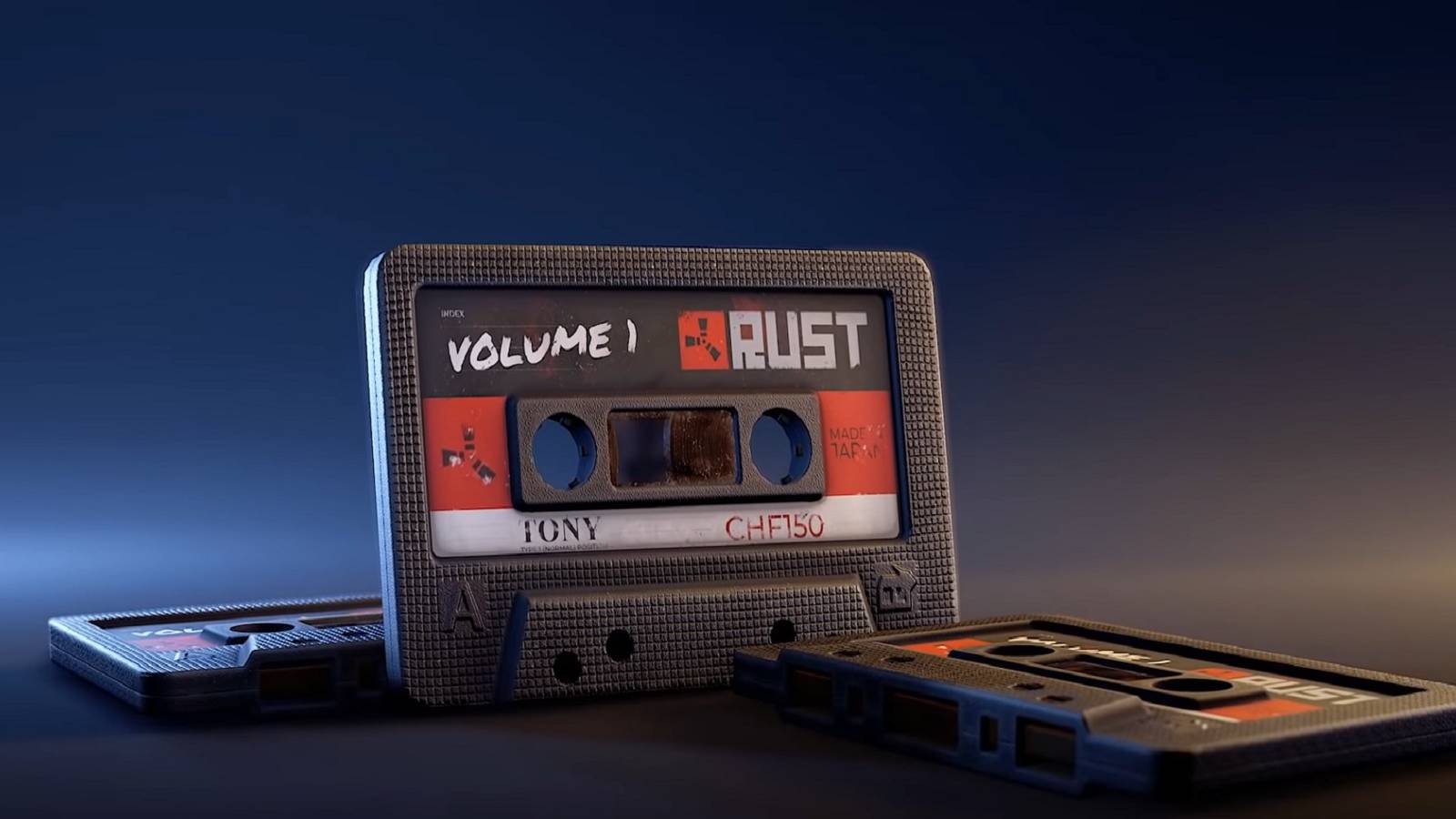 Image from Rust showing a series of cassette tapes that bear the game's logo.