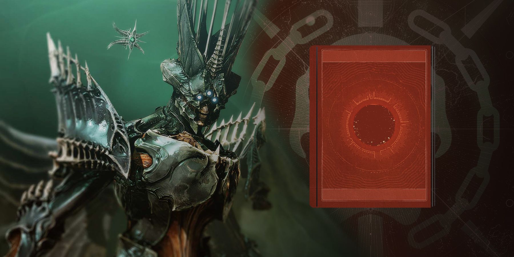 Savathun with the Martian Missives lore book from The Witch Queen in Destiny 2.