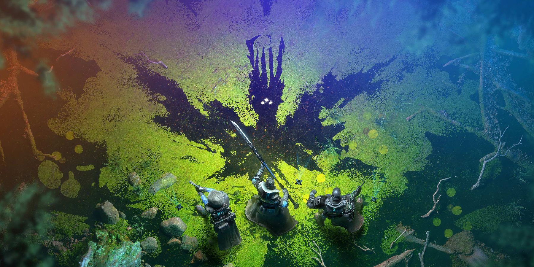 Art for Destiny 2: The Witch Queen depicting a fireteam of Guardians in the swamp of Savathun's throne world.