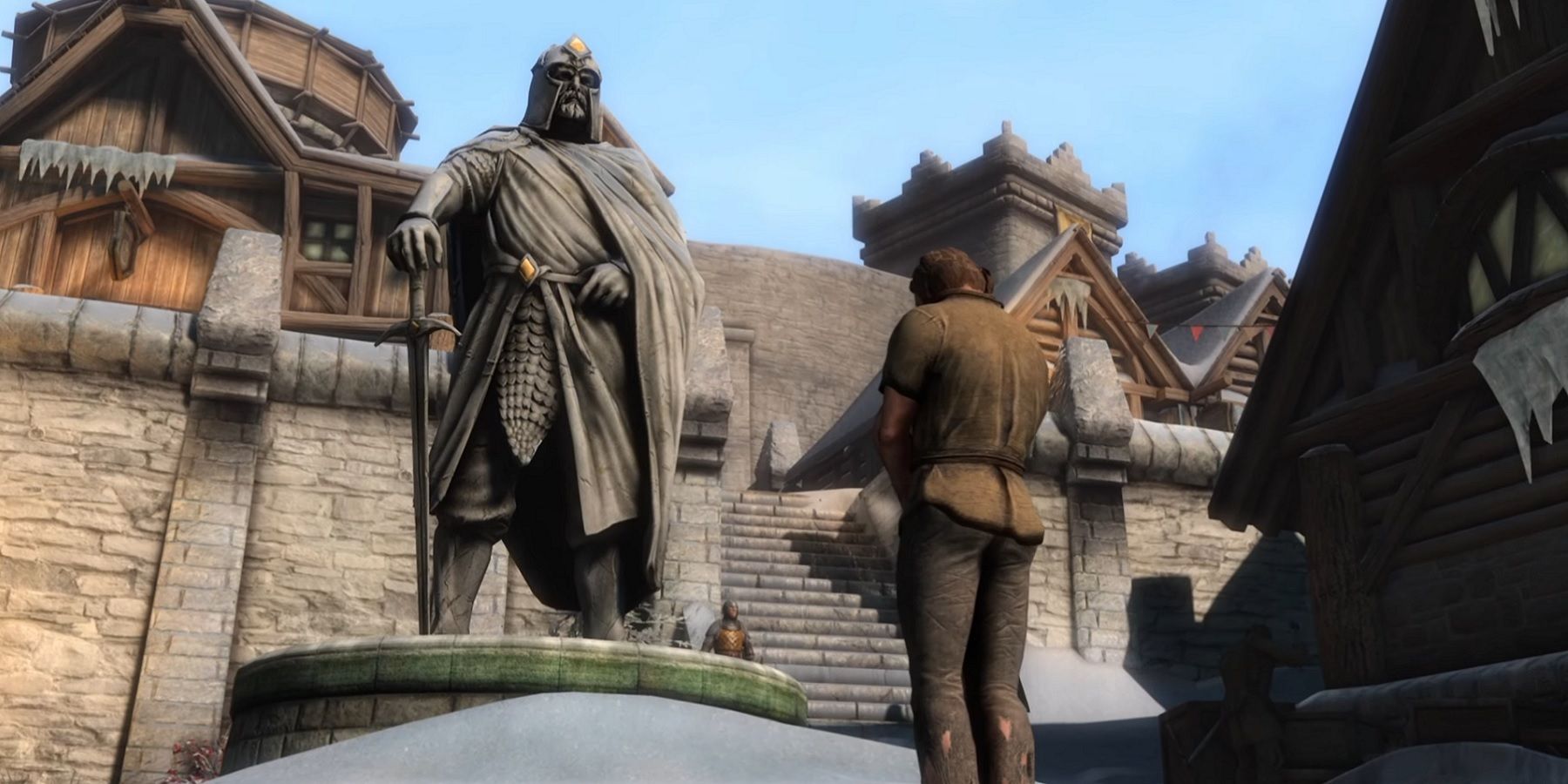 Screenshot from the Oblivion mod Skyblivion, showing someone looking at the Talos statue in Bruma.