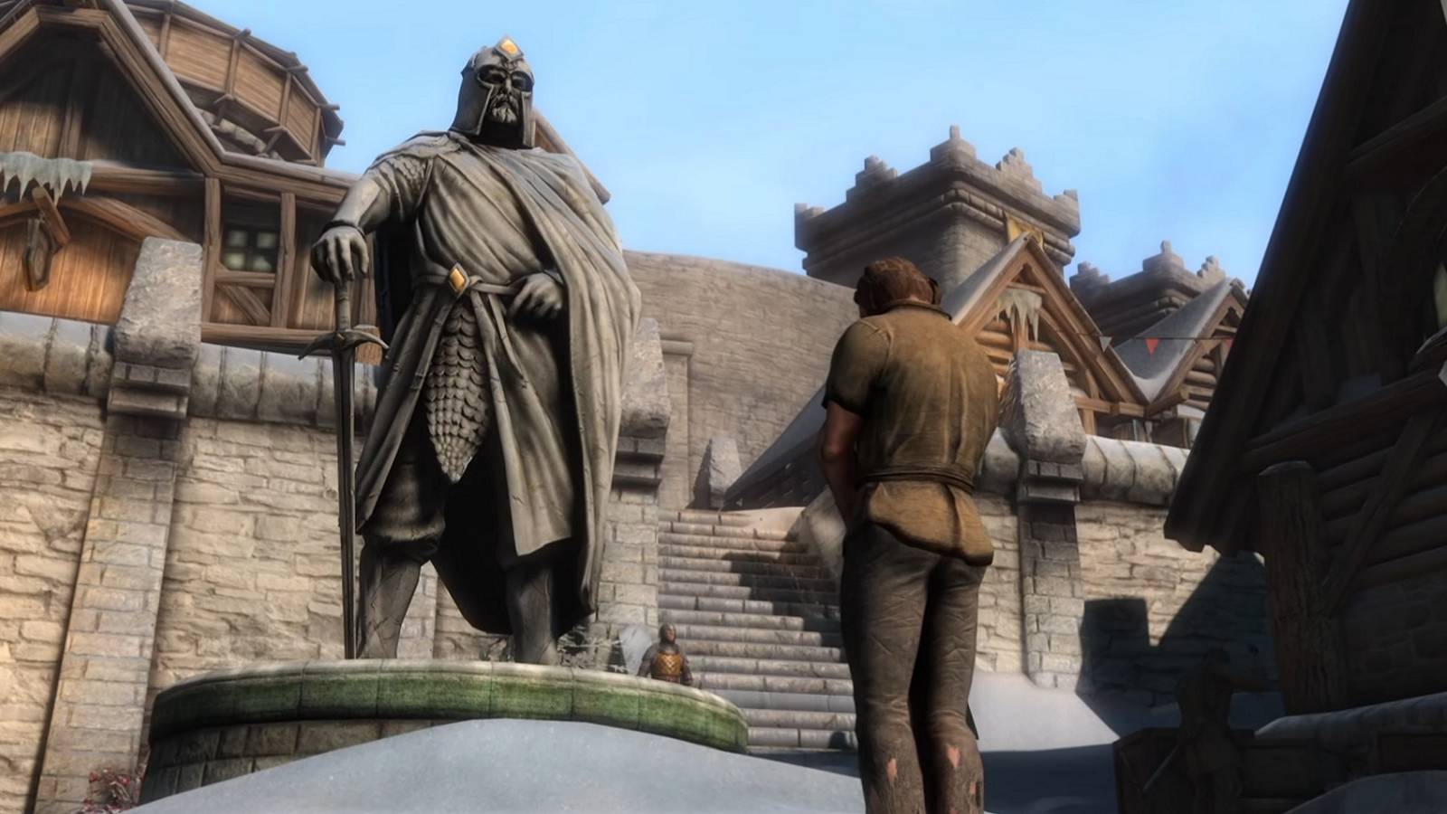 Screenshot from the Oblivion mod Skyblivion, showing someone looking at the Talos statue in Bruma.