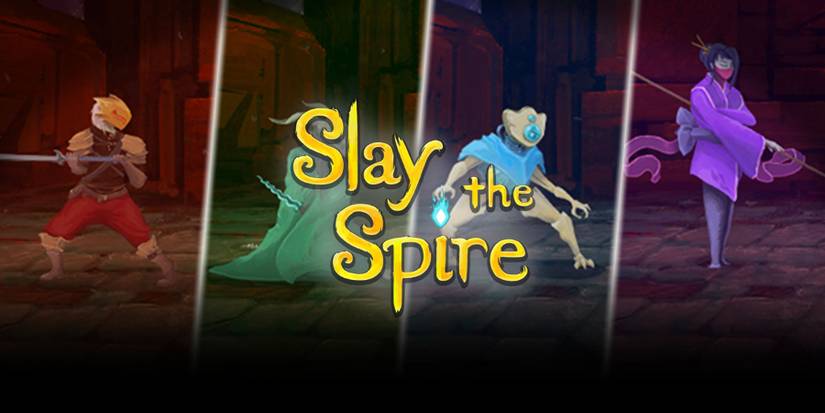Slay the Spire's logo with four characters behind it