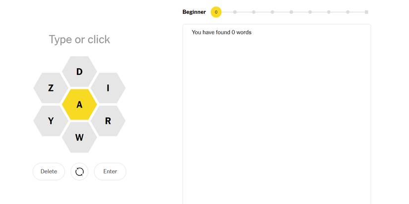 The New York Times' Spelling Bee interface: on the left, seven letters within hexagons are arranged like honeycomb, and on the right, a list keeps track of words found.