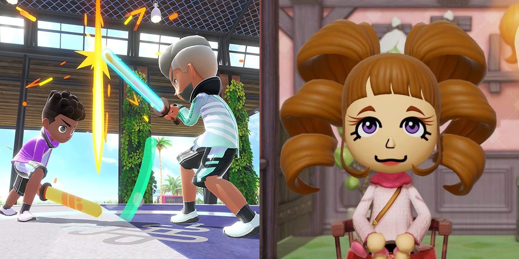 Two Sportsmates playing Chambara in Nintendo Switch Sports and a custom Mii from Miitopia