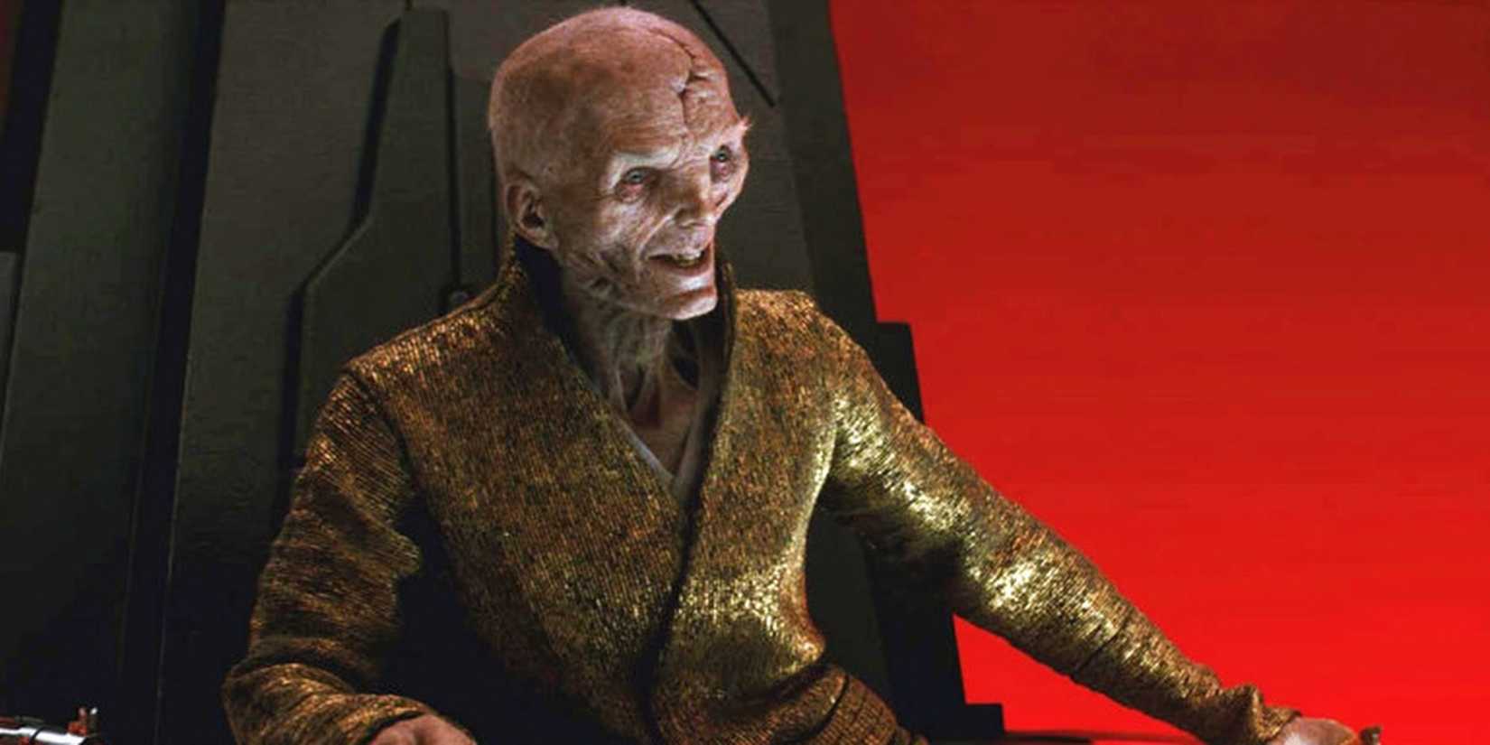 Star Wars Supreme Leader Snoke sits on his throne in The Last Jedi