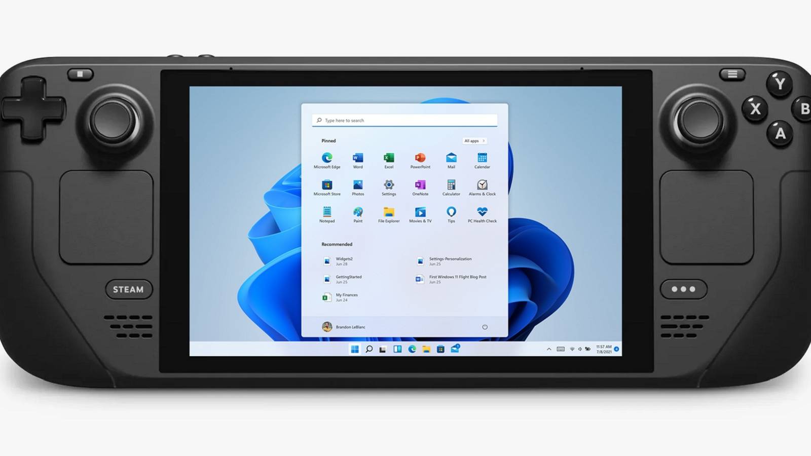 Photo of a Steam Deck with a Windows interface on the screen.