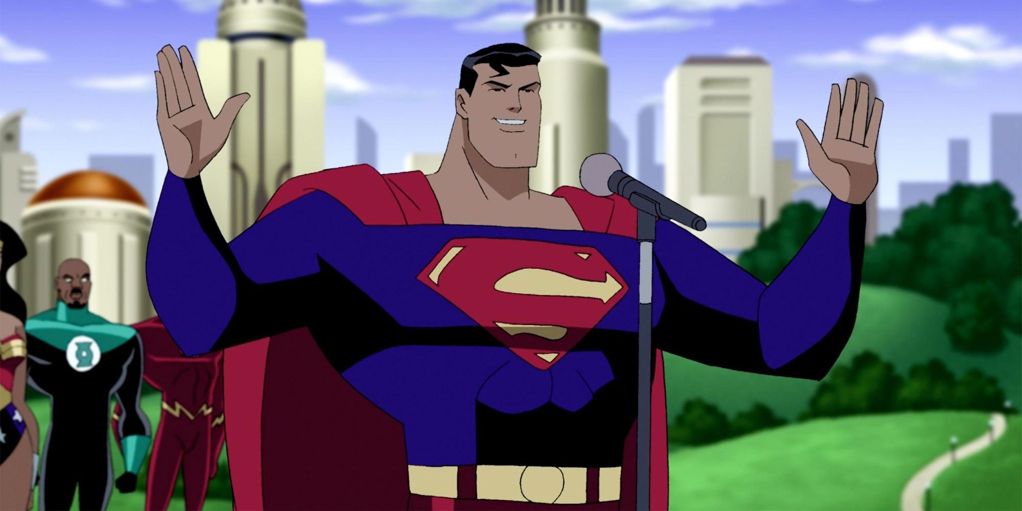 Супермен держит руки у микрофона в Лиге Справедливости без ограничений 