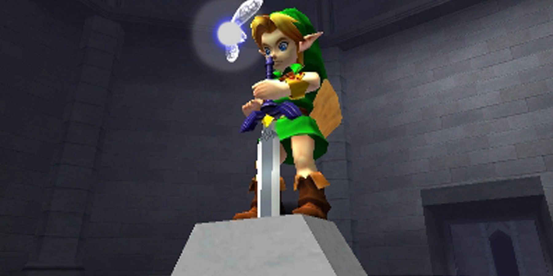 Изображение из The Legend of Zelda: Ocarina of Time, на котором Линк выпускает Мастер-меч.