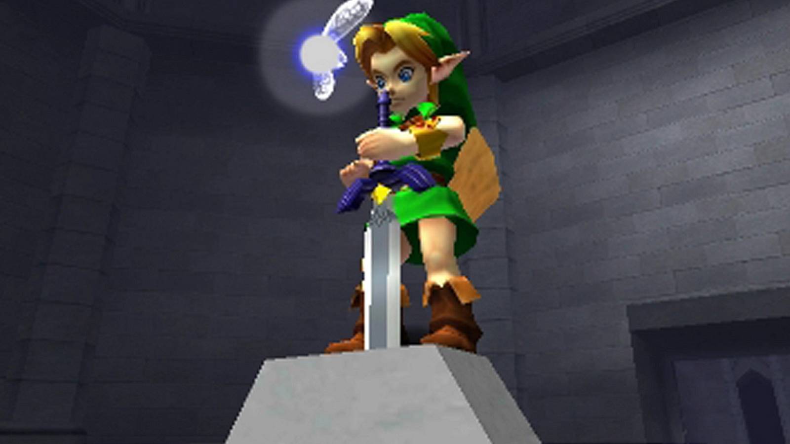 Image from The Legend of Zelda: Ocarina of Time, showing Link releasing the Master Sword.