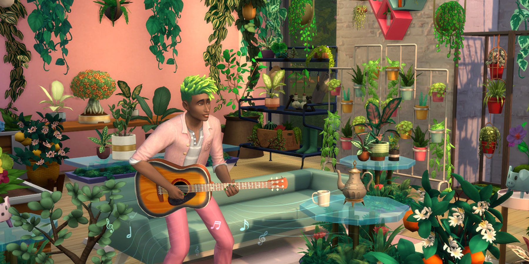 the-sims-4-sim-with-green-hair-playing-guitar-in-room-full-of-plants-from-new-dlc