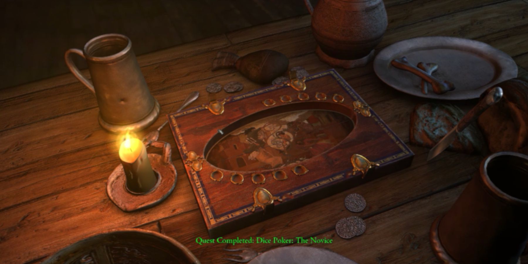 A dice poker board on a table surrounded by mugs, plates, and candles in the Witcher.