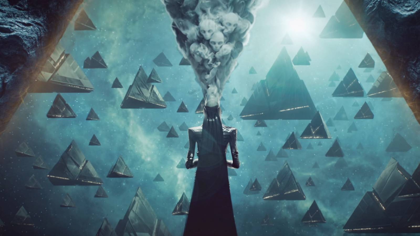 The Witness looks out at a fleet of Darkness pyramid ships in Destiny 2.