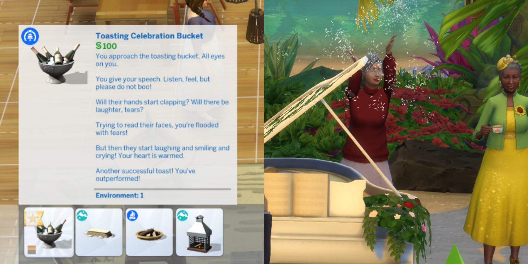 toasting celebrating bucket and Sim throwing rice in the sims 4