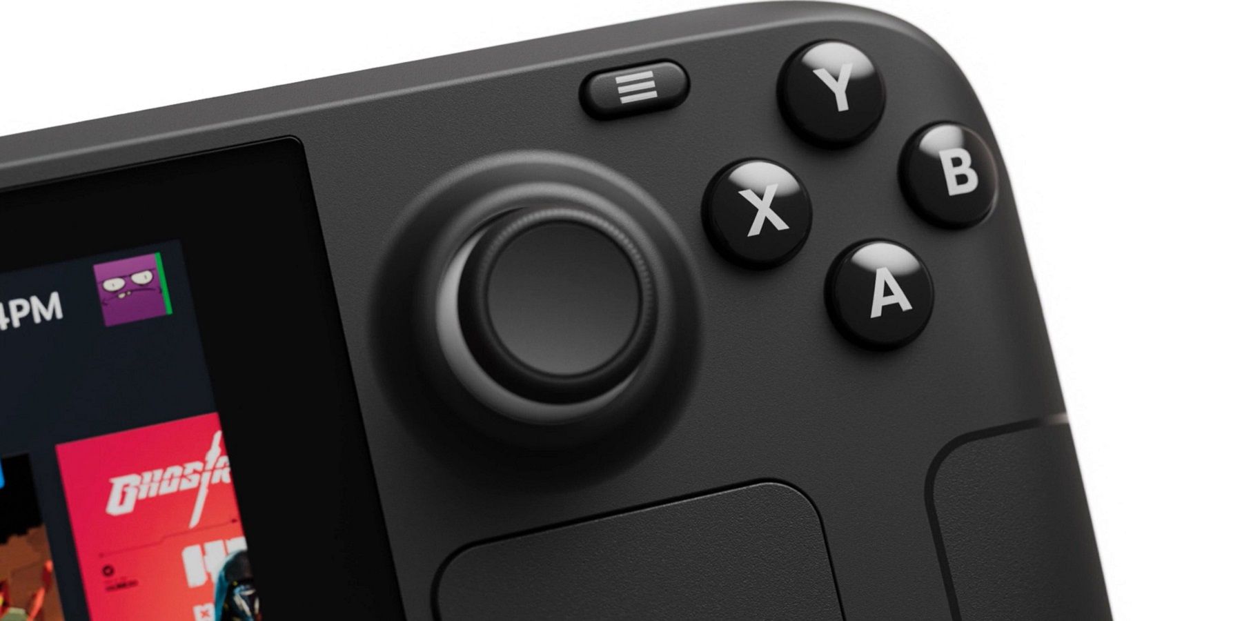 Close up photo of the Valve Steam Deck showing the right-hand buttons and right analog stick.