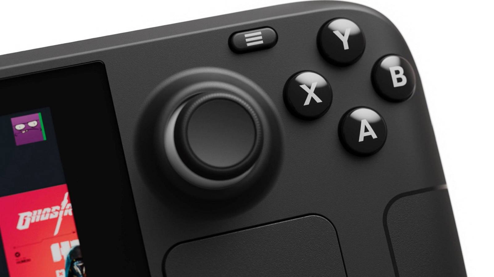 Close up photo of the Valve Steam Deck showing the right-hand buttons and right analog stick.