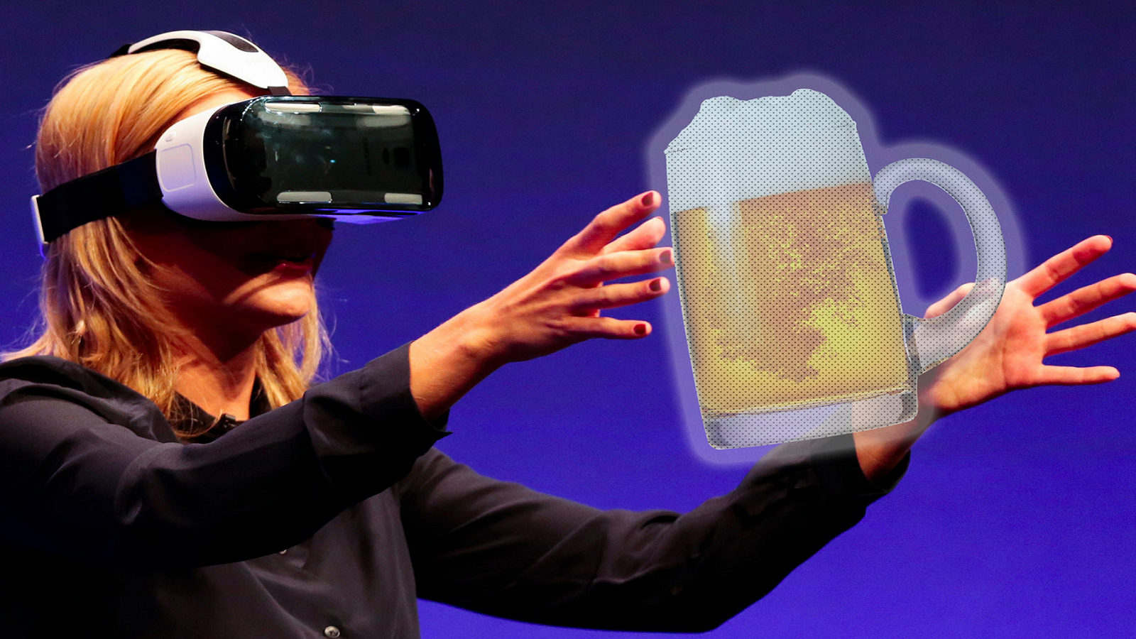 A woman in a VR headset reaching out to a floating beer icon