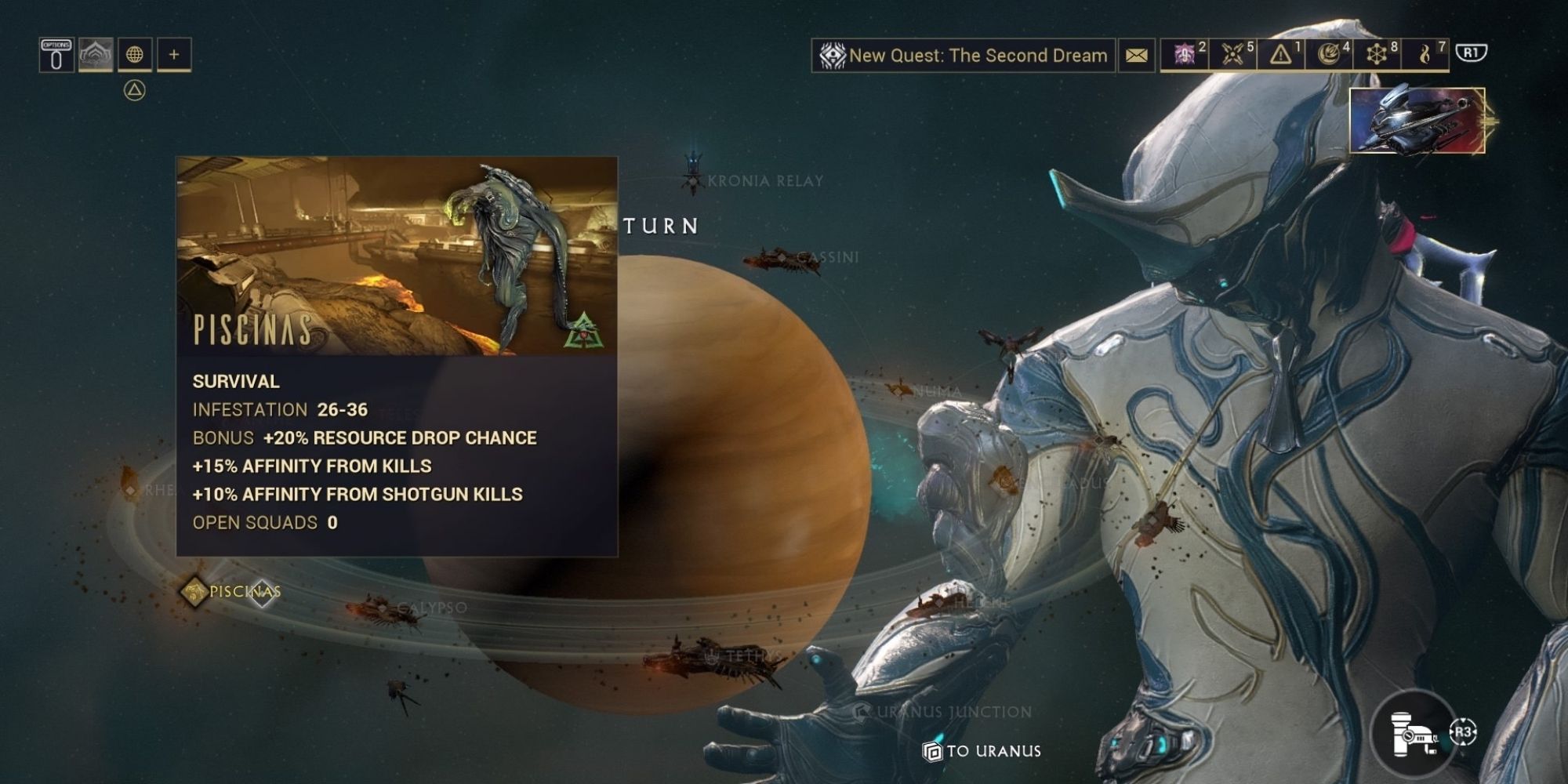 The Piscinas mission on Saturn on Warframe.