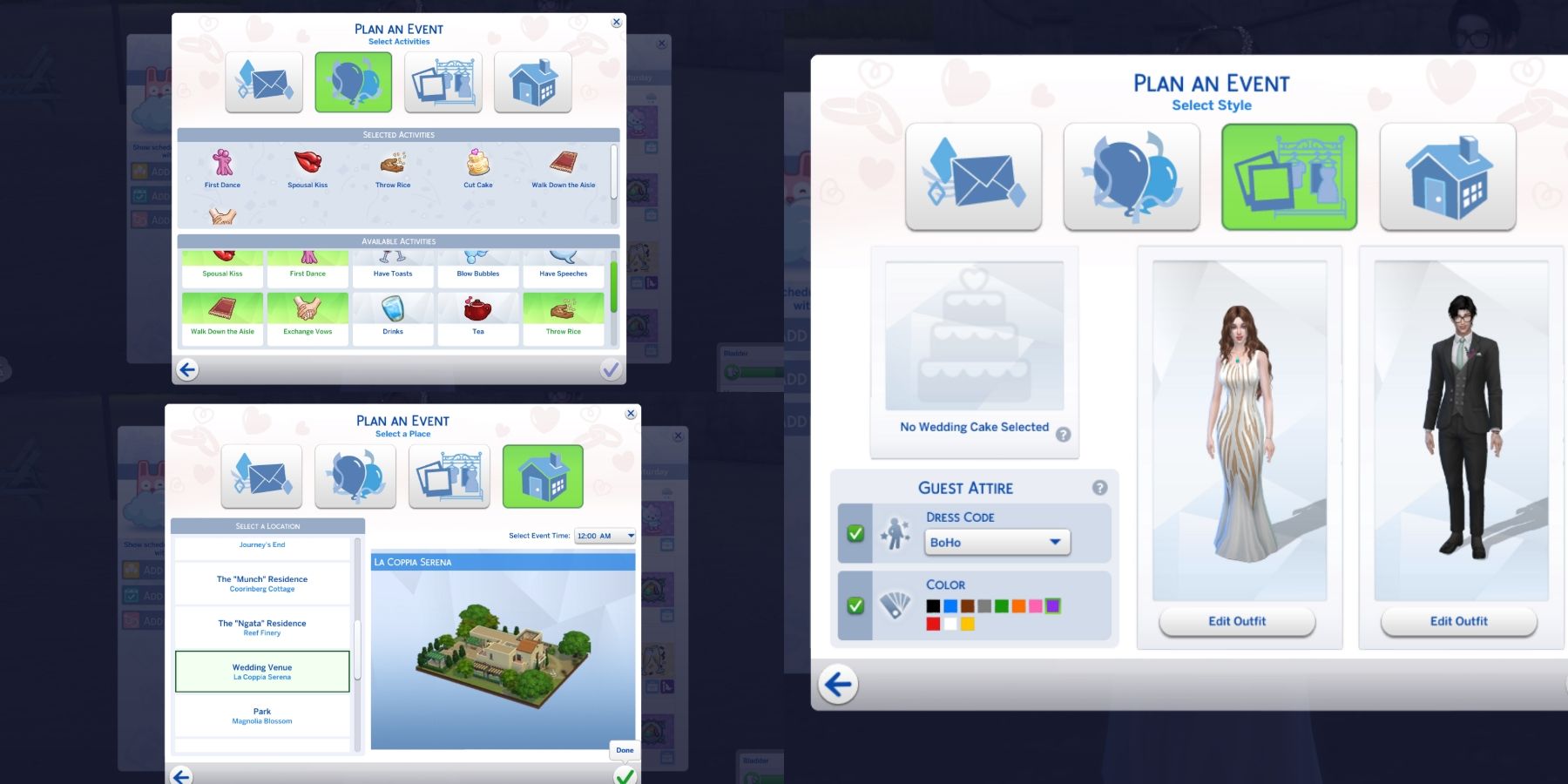 wedding ceremony categories in the sims 4