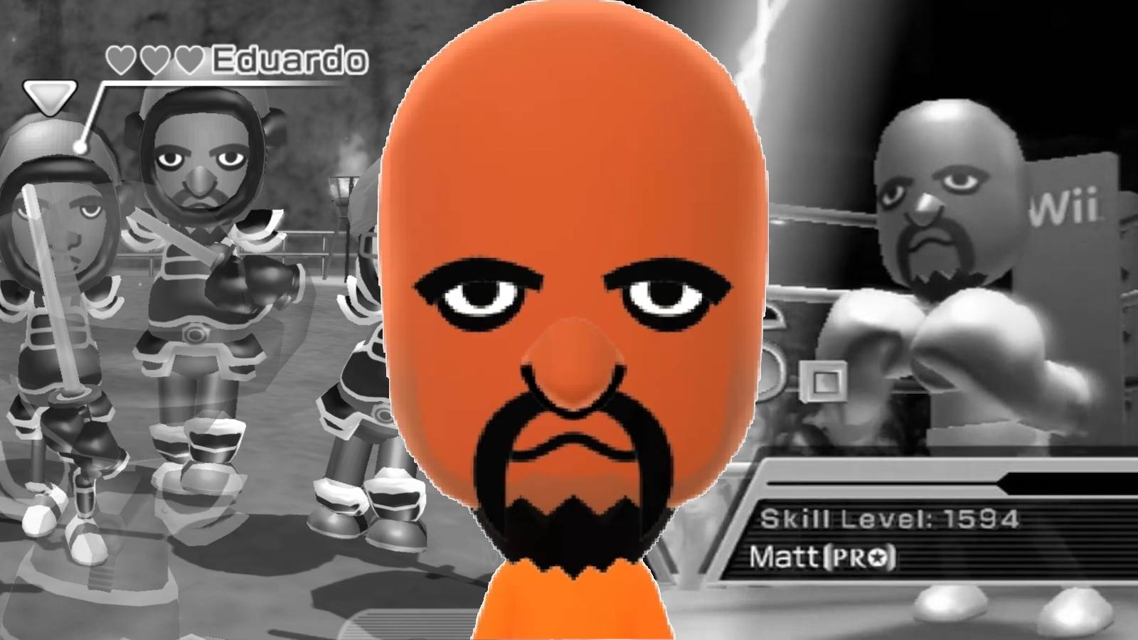 Matt from Wii Sports in front of gameplay of swordplay from Wii Sports Resort and boxing from Wii Sports.