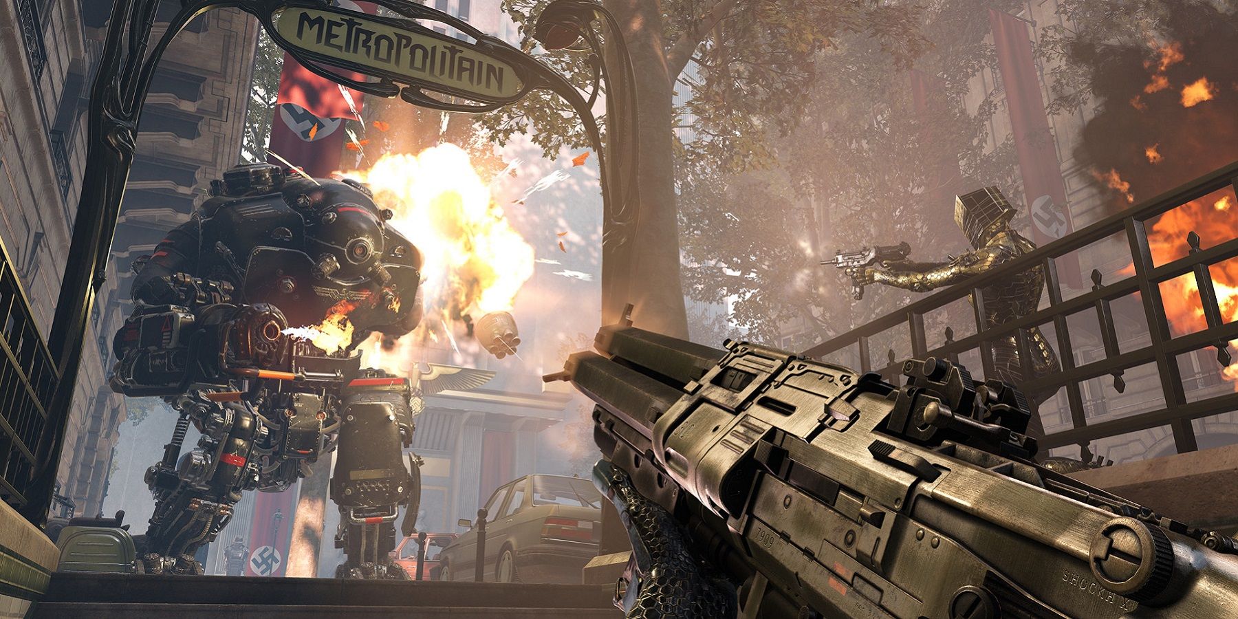 Image from Wolfenstein: Youngblood showing a mech soldier attacking the player.