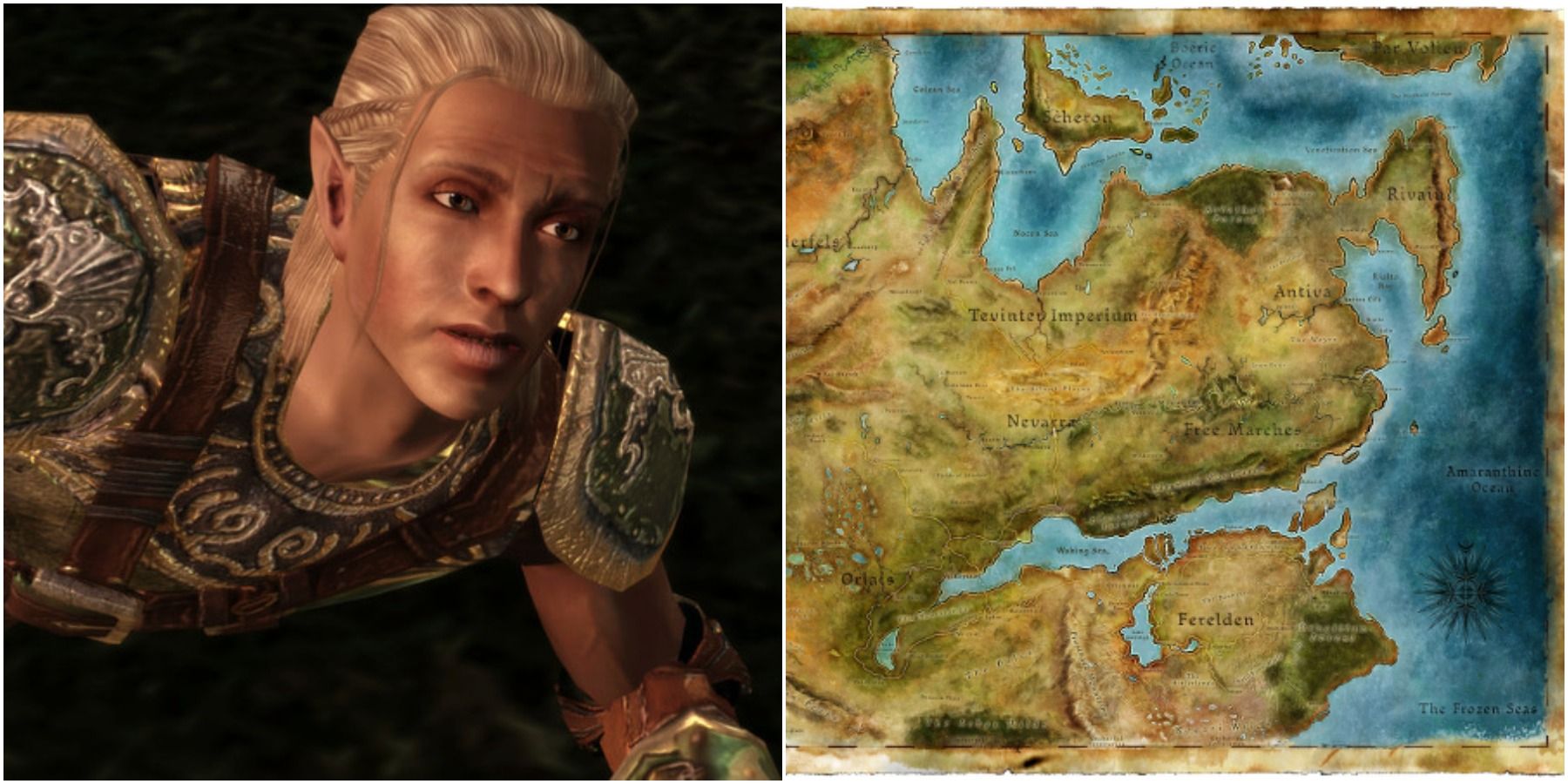 Split image of Zevran with map of Thedas.