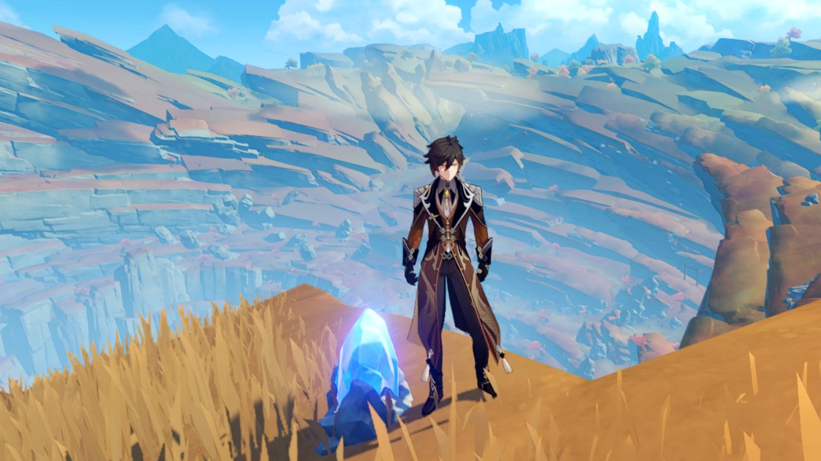 zhongli standing near an archaic stone in Genshin impact