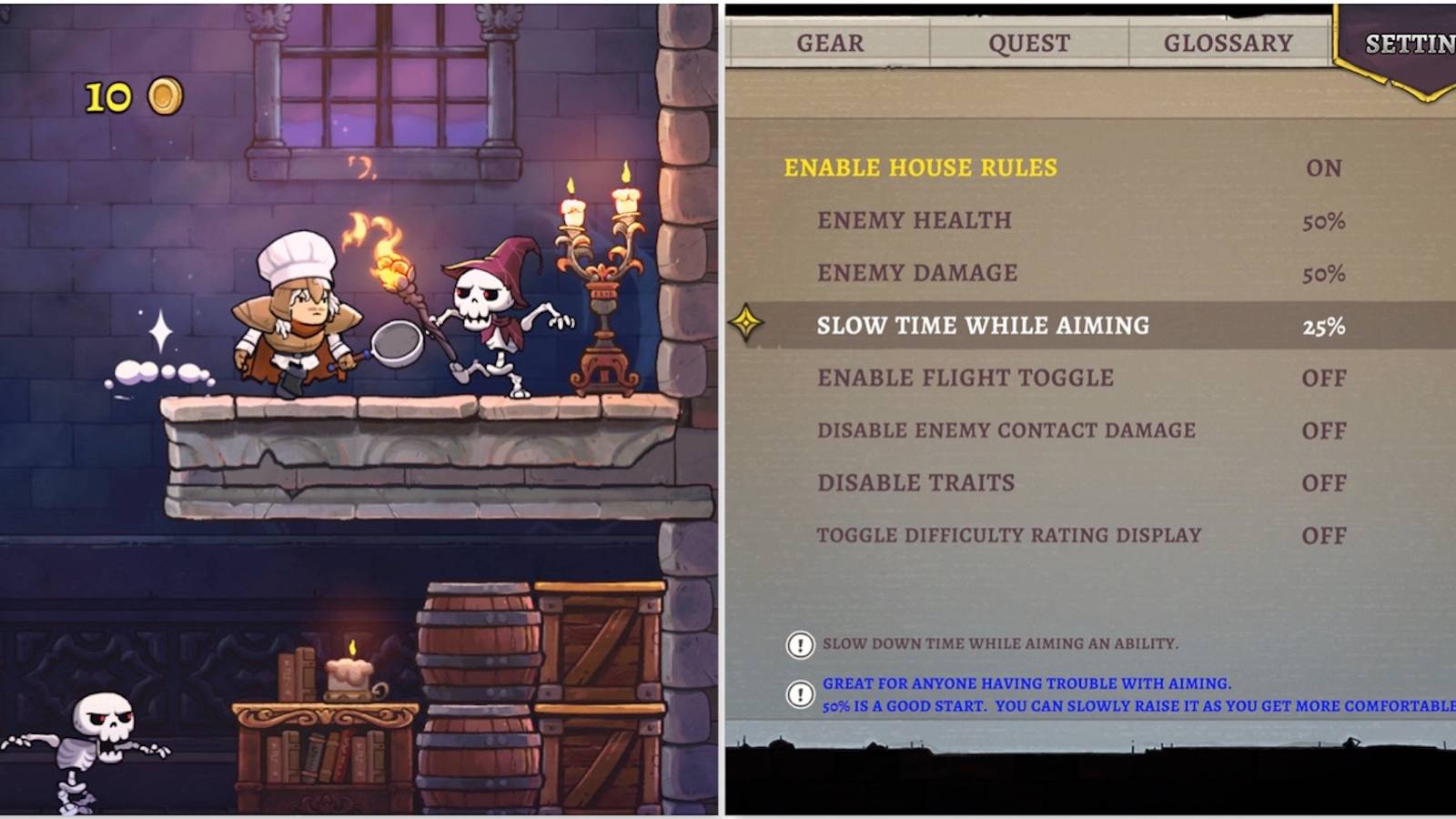 Fighting enemies and the House Rules menu in Rogue Legacy 2