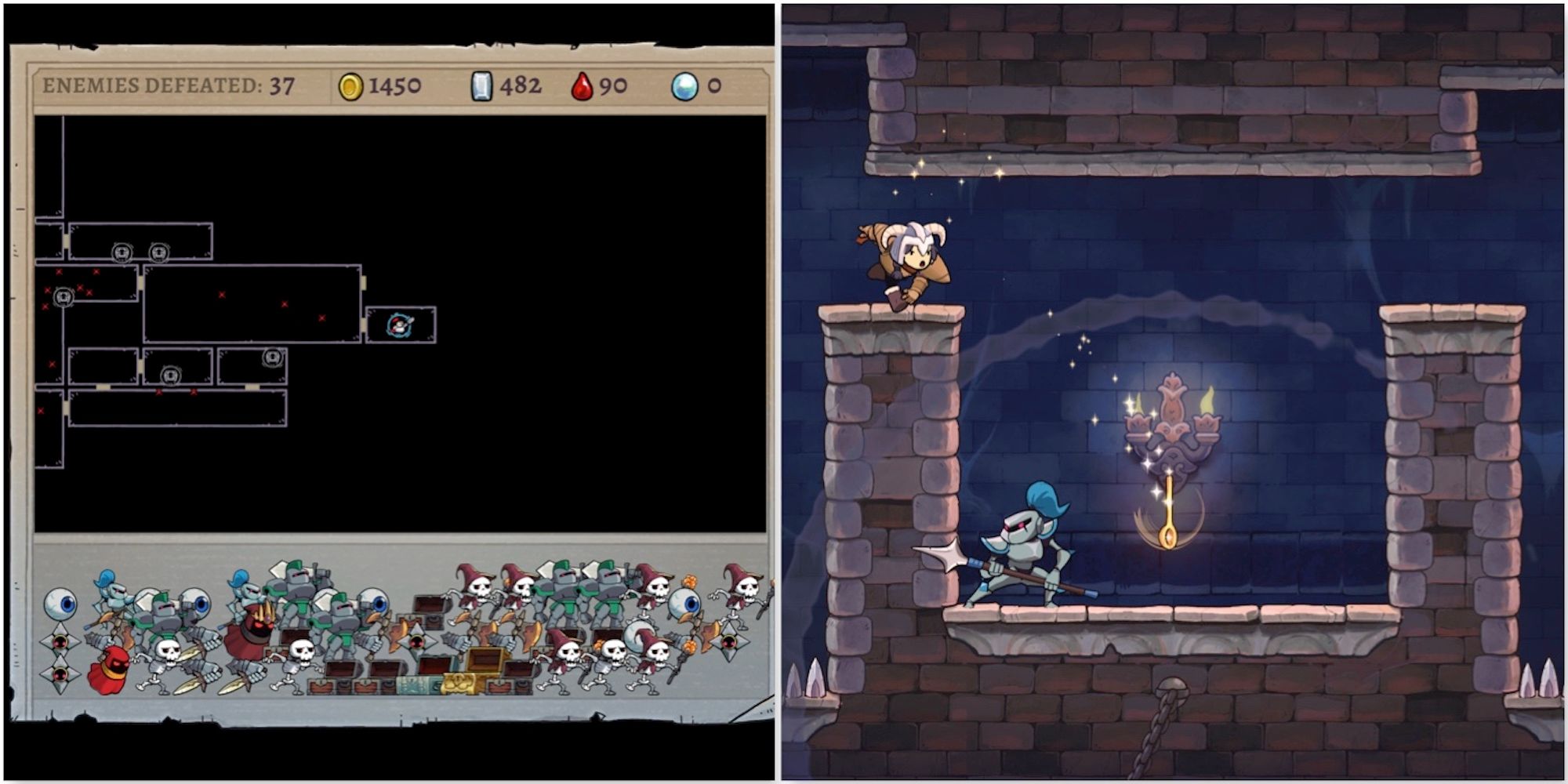 The death screen and fighting enemies in Rogue Legacy 2