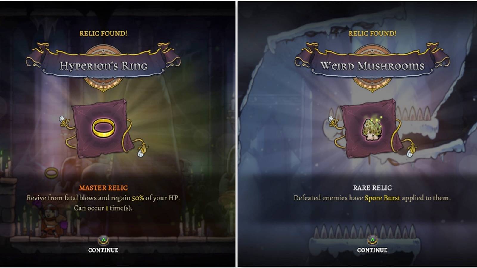 Hyperion’s Ring and Weird Mushrooms relics in Rogue Legacy 2