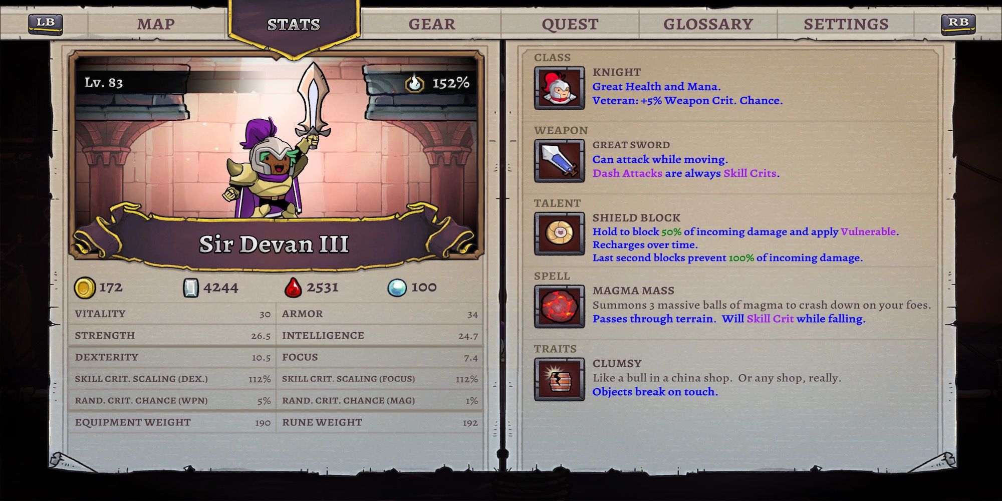 A character stat page in Rogue Legacy 2