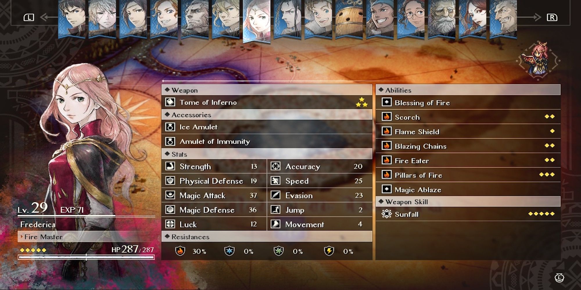 Frederica in the roster menu from Triangle Strategy