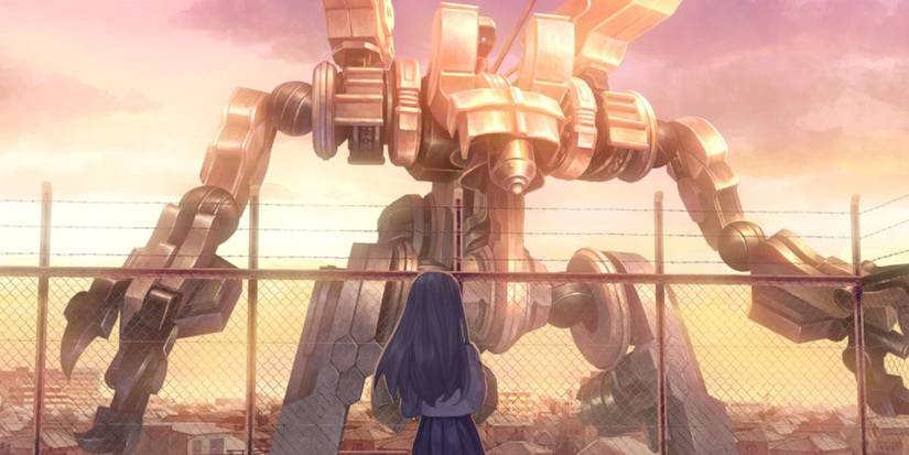 Megumi Yakushiji from 13 Sentinels standing on a rooftop, looking out at the gigantic Sentinel robot standing in the city below. It towers over her.